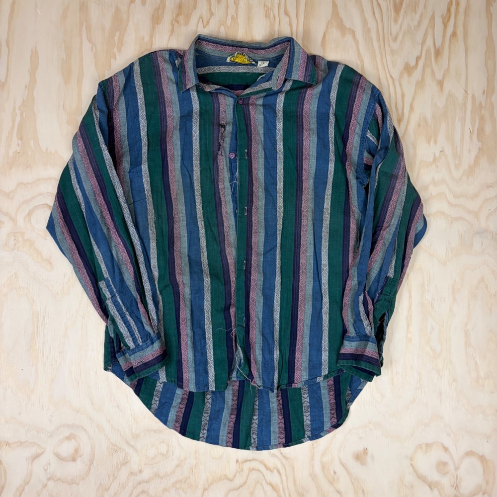 Union Khaki Mens Small Cotton Striped Button Down Shirt Long Sleeve Vintage